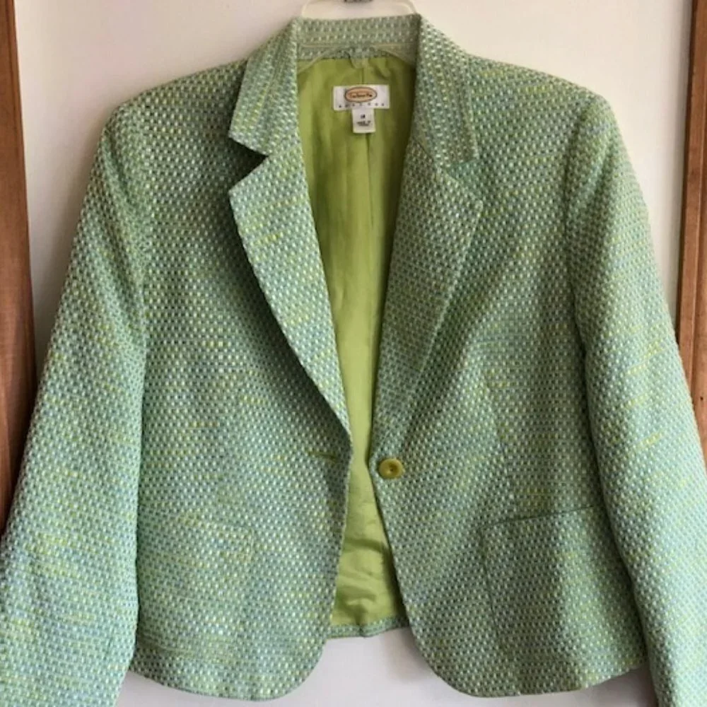 TALBOTS Tweed Green Blue Yellow Long Sleeve Lined Single Breasted Blaz…